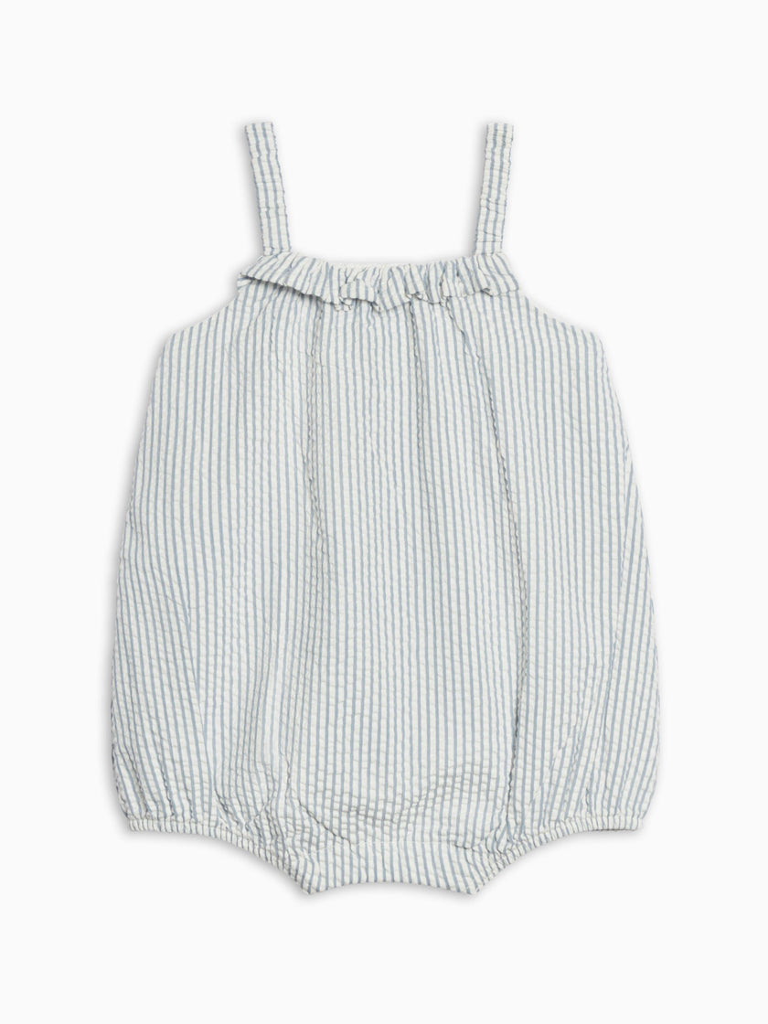 Rosalie Seersucker Ruffle Bubble Romper - Shore Stripe / Sea