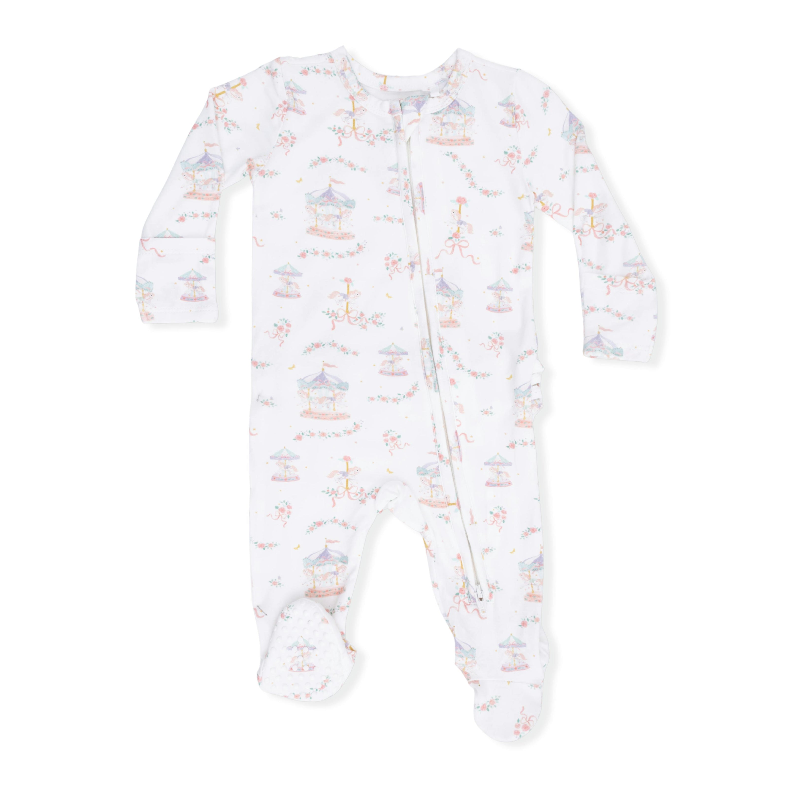 Carousel with Bows - 2 Way Ruffle Back Zipper Footie