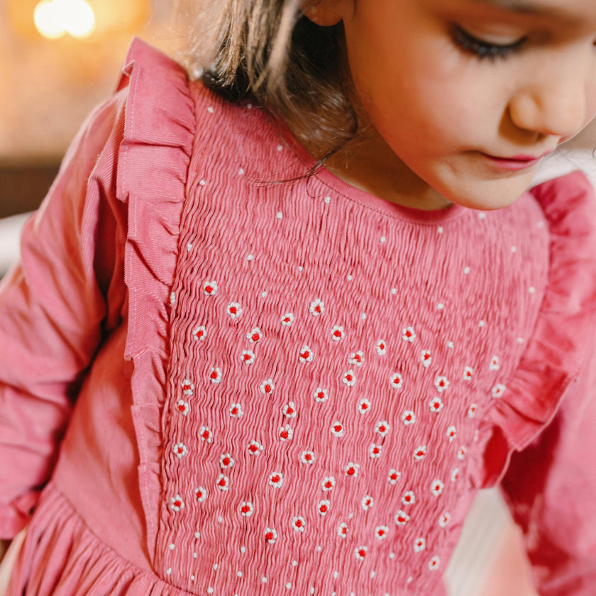 Angele Pink Corduroy Long Sleeve Smocked Dress