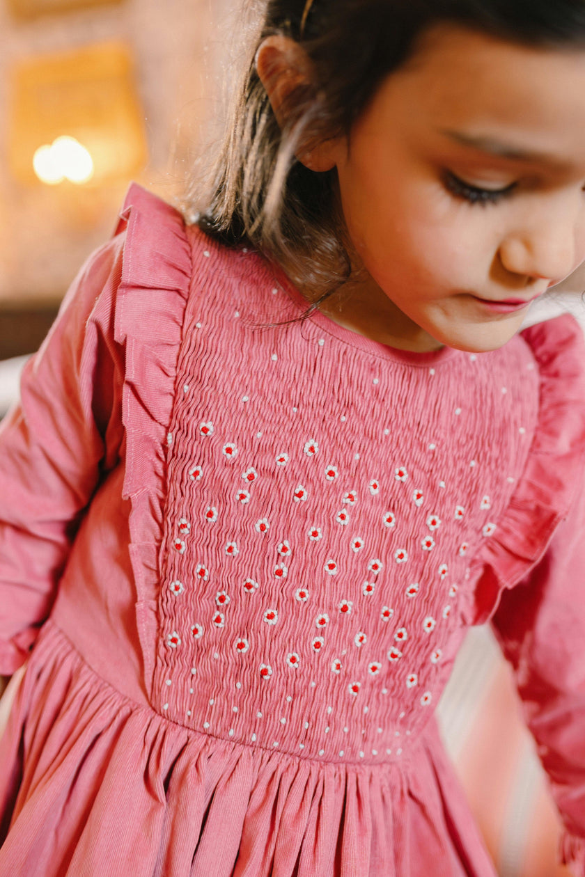 Angele Pink Corduroy Long Sleeve Smocked Dress