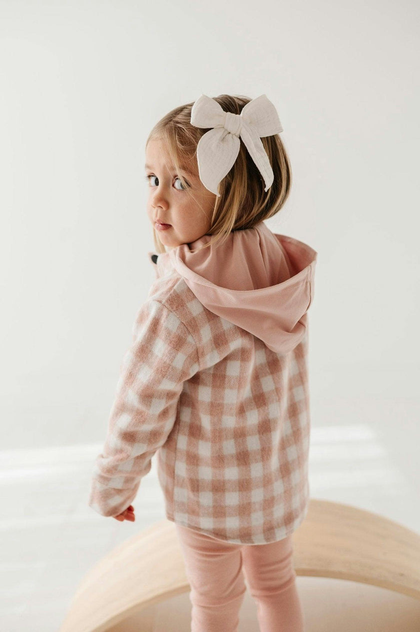 Girls Hooded Shacket in Misty Rose Plaid
