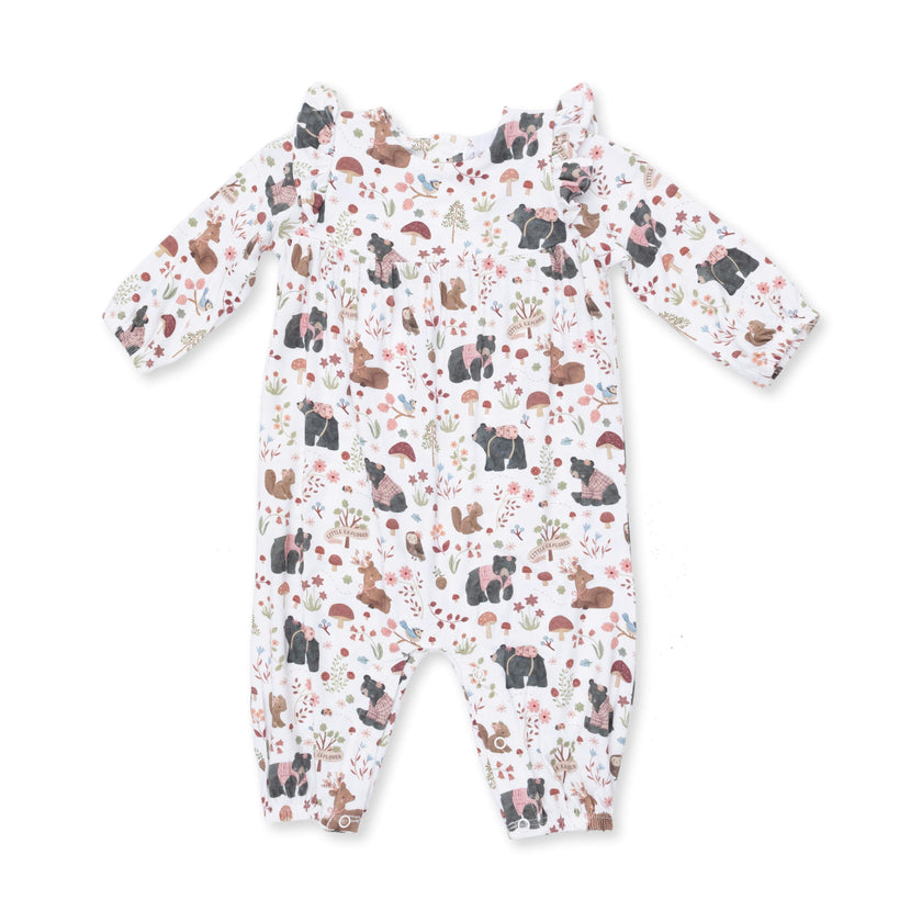 Southern Woodland Animals Pink - Ruffle Sleeve Snap Romper