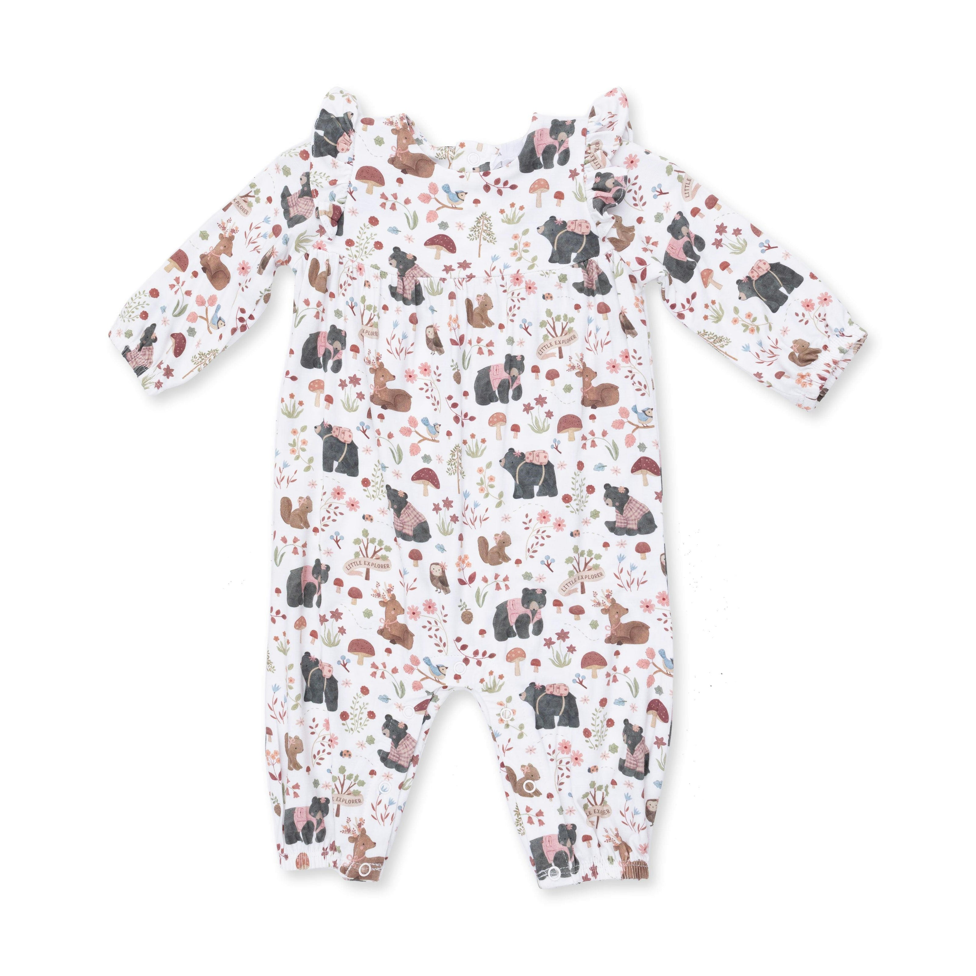 Southern Woodland Animals Pink - Ruffle Sleeve Snap Romper