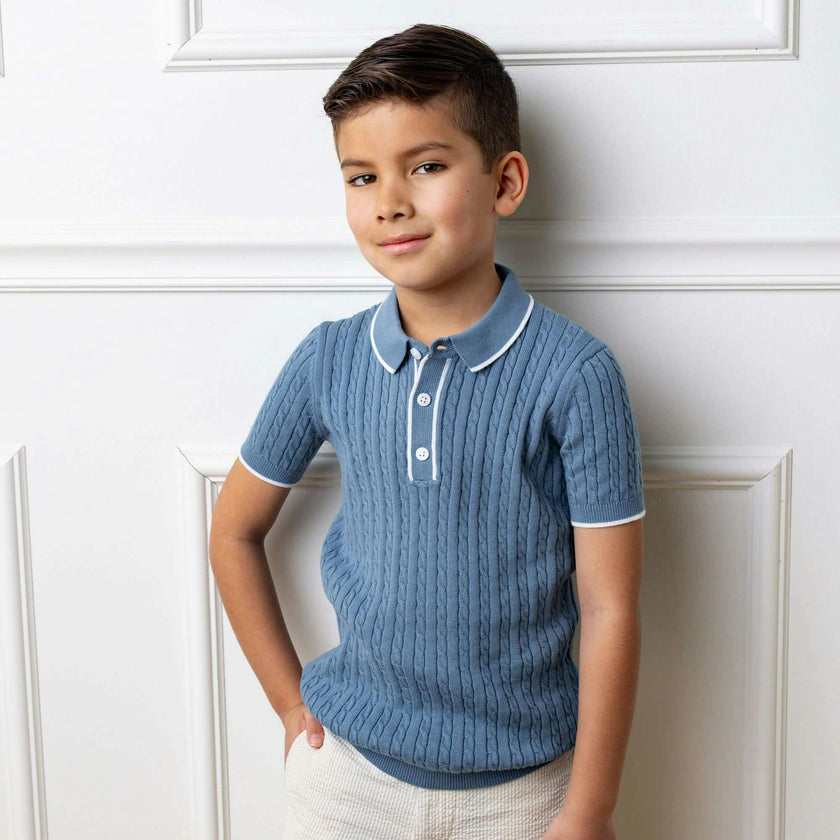Organic Short Sleeve Sweater Polo with Tipping, Blue