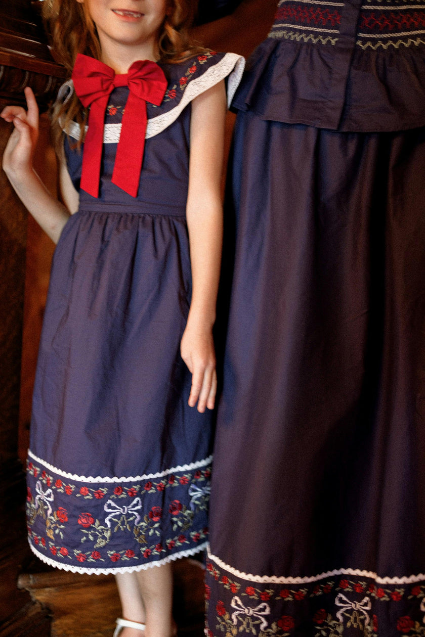Mini Aster Dress in Sapphire Rosette Embroidery