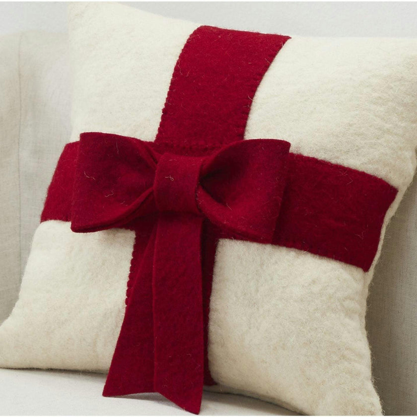 Red Bow Cream - Christmas Pillow Cover Hand Felted Wool - 20" / 14"
