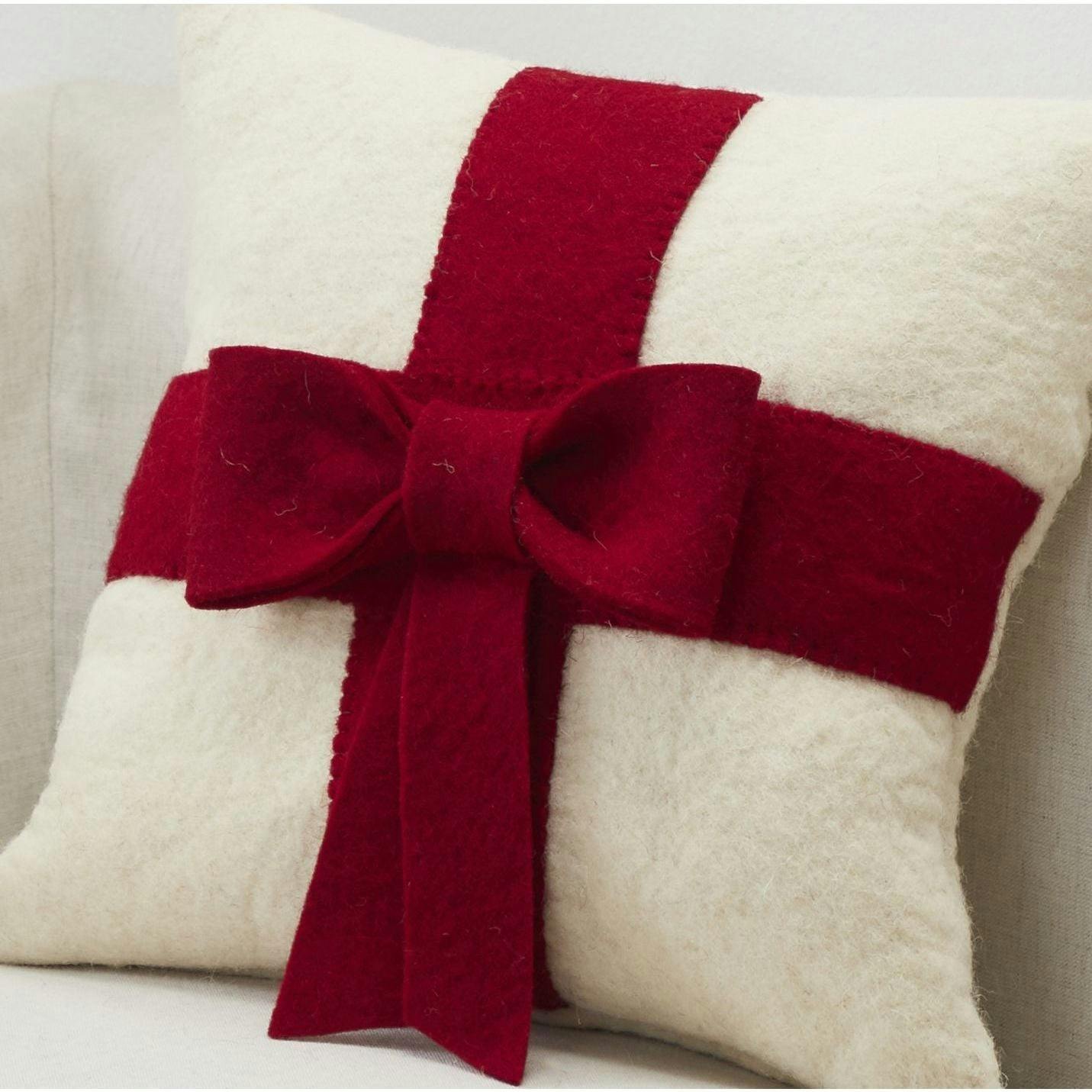 Red Bow on Cream - Christmas Pillow Cover in Hand Felted Wool - 20