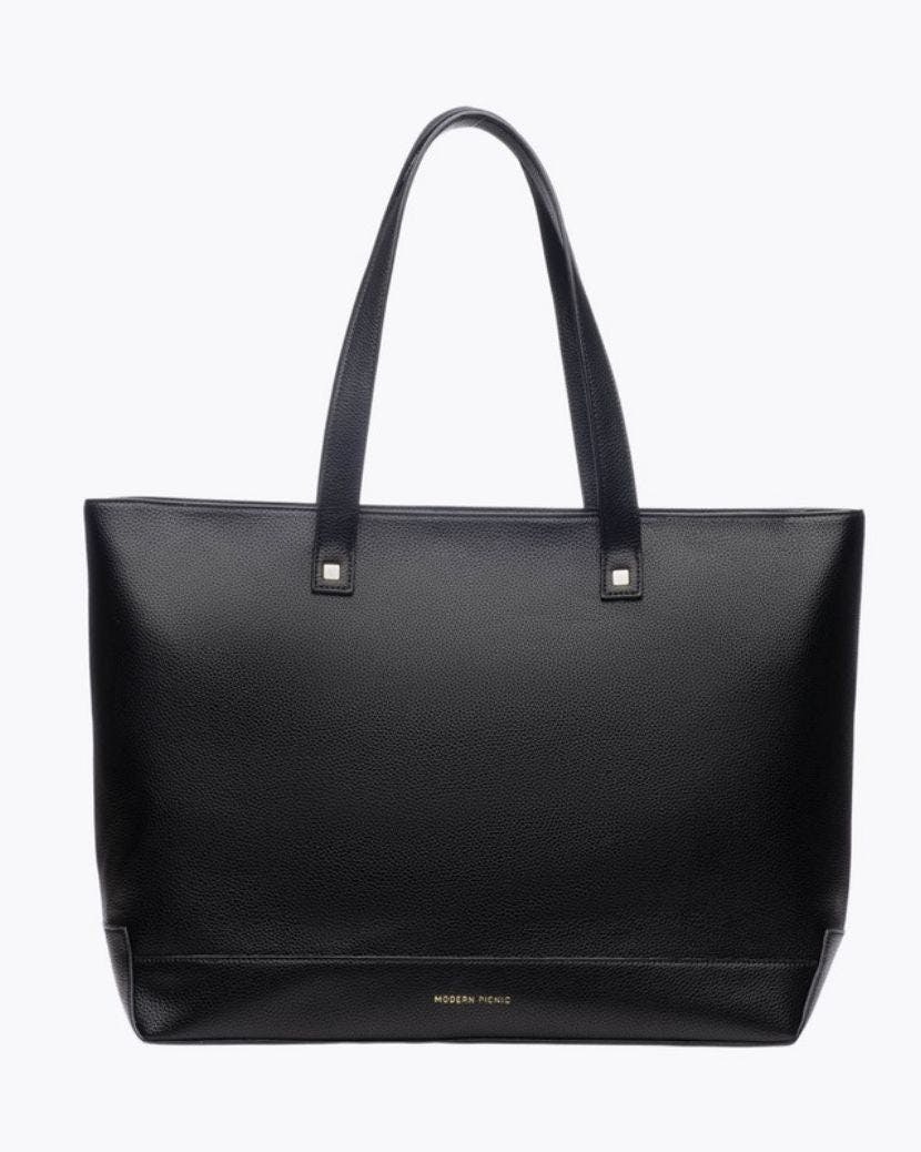 Vegan Leather Work Tote Bag with Removable Insulated Pouch, Black