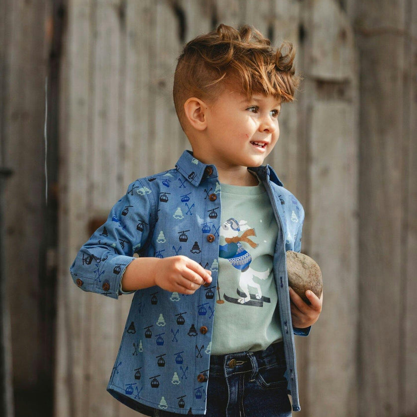 Printed Long Sleeve Button Front Chambray Shirt