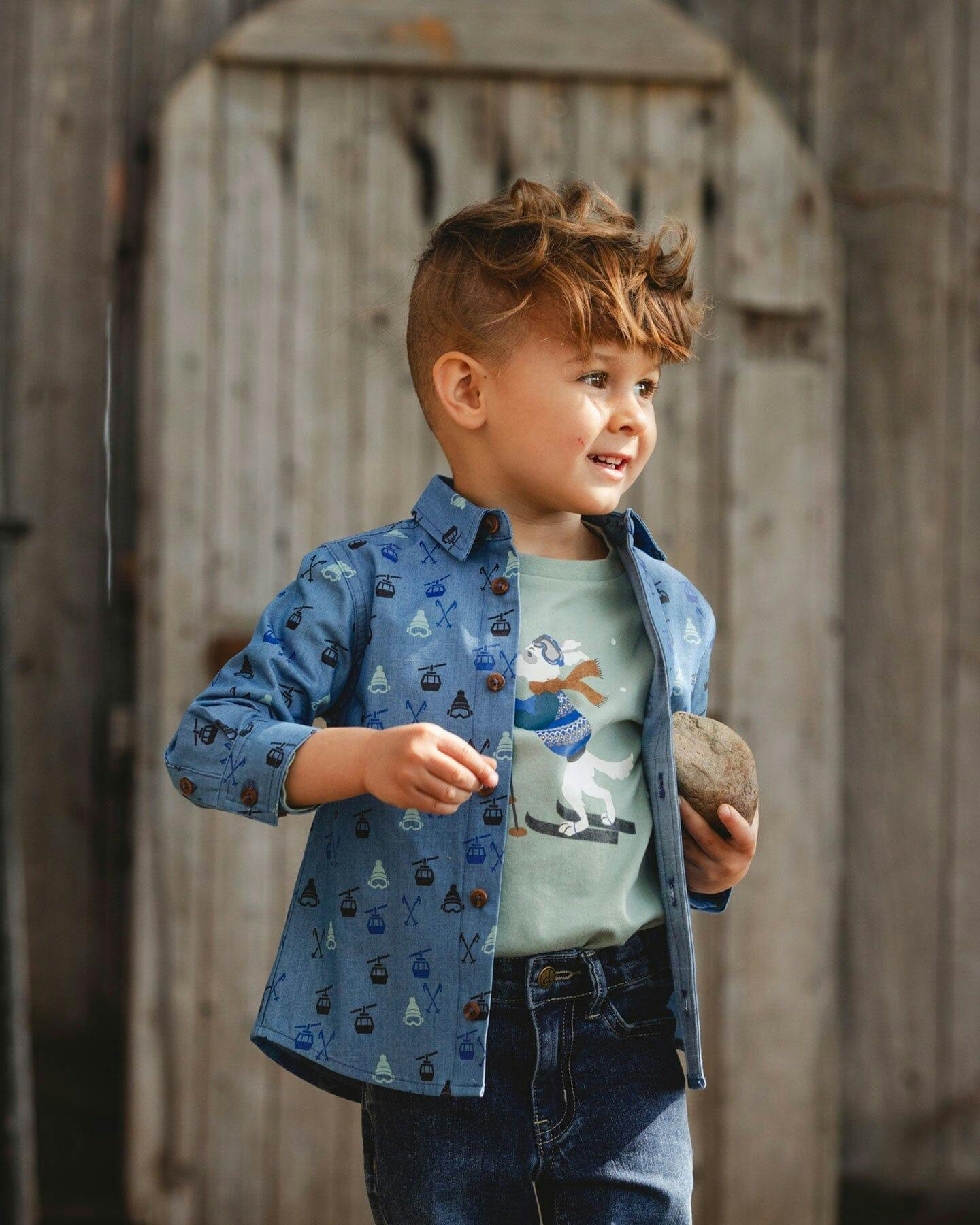 Printed Long Sleeve Button Front Chambray Shirt