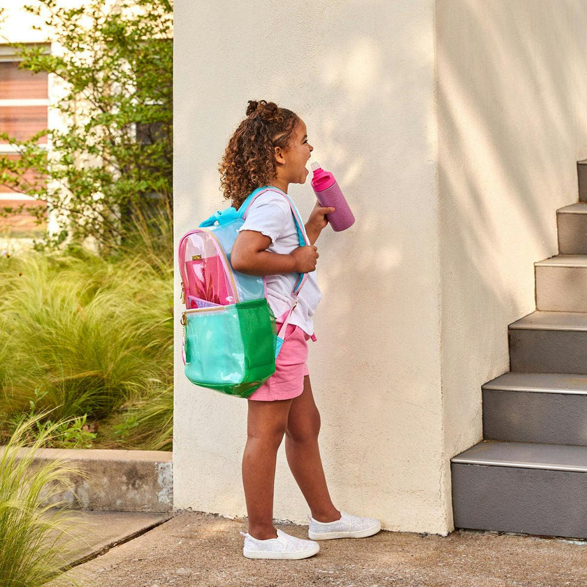 Colorblock Clear Backpack by Packed Party | Pink Glitter Panel, Blue Bow, Cherry Bag Charm | 17" Cute Backpack for Girls