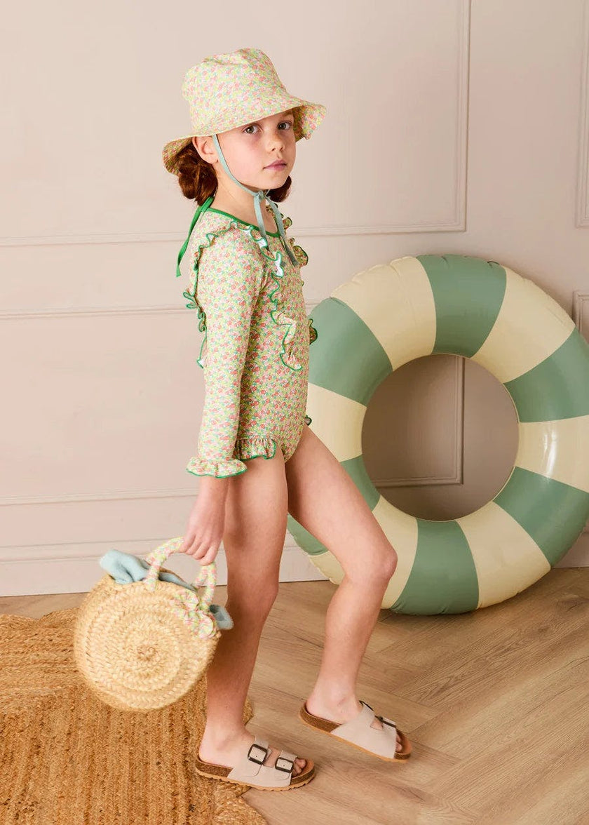 Annie Apple Print Ruffle Detail Long Sleeve Swimsuit in Green (12mths- 10yrs)