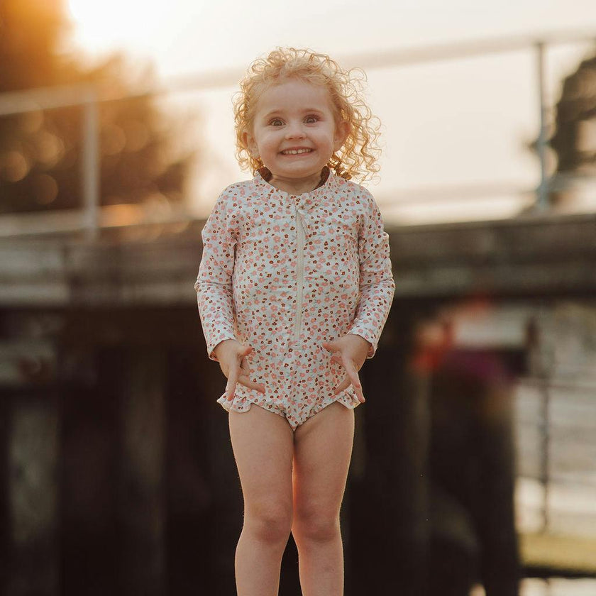 Long Sleeve Rashguard Ruffle Swimsuit | UPF + Recycled - Sunset Meadow