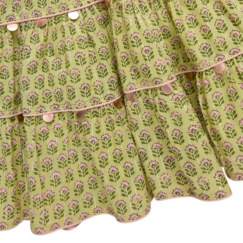 Girls Peachy Dress - Green Prairie Block Print