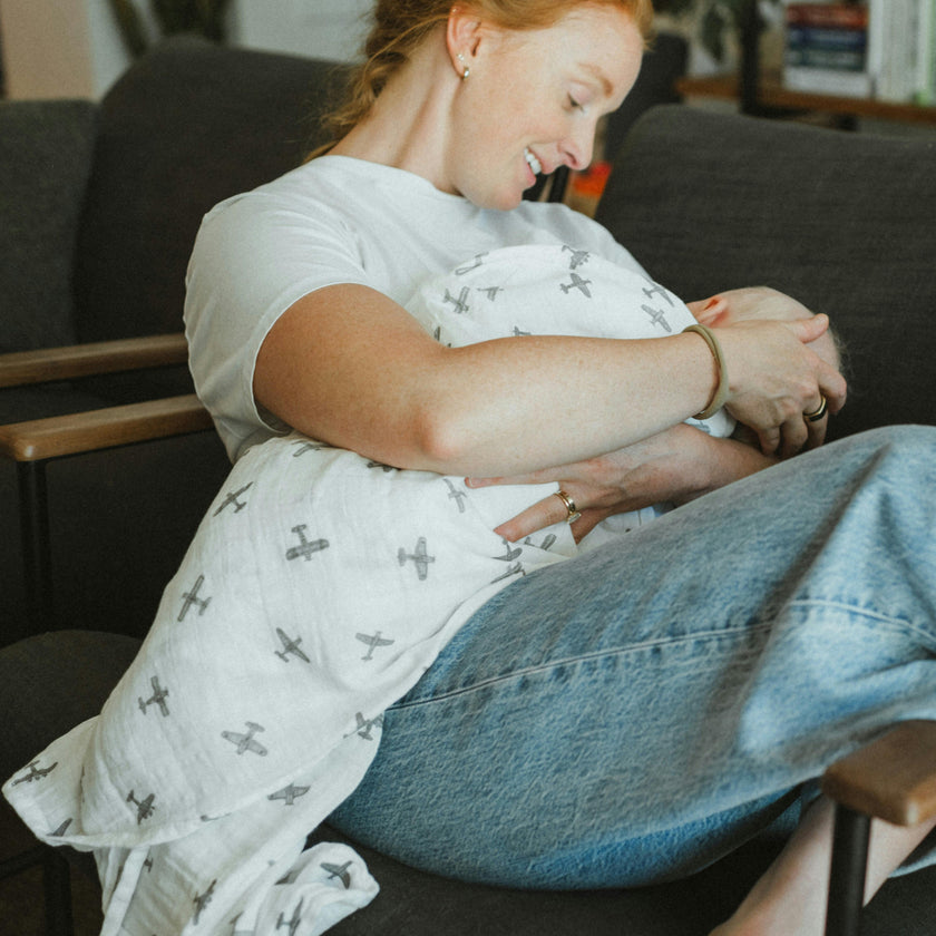 Organic Cotton Muslin Swaddle Blanket - Pewter Planes