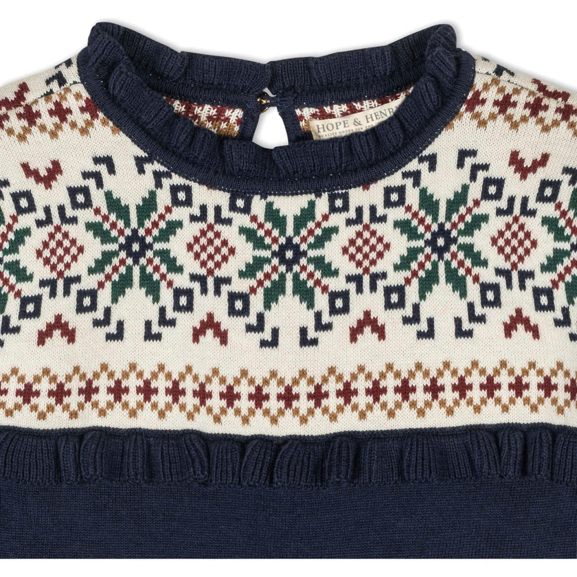 Baby Organic Ruffle Collar Fair Isle Yoke Sweater Dress, Blue