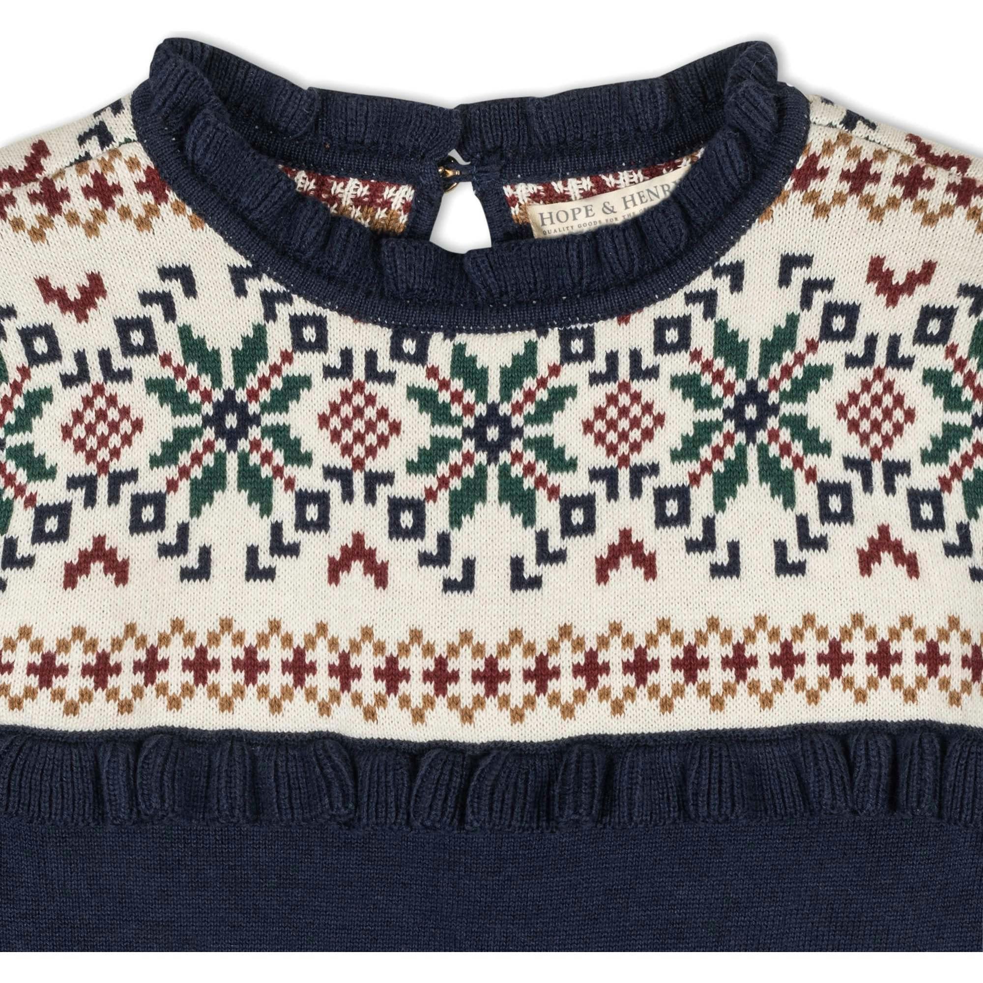 Girl's Organic Ruffle Collar Fair Isle Yoke Sweater Dress, Blue