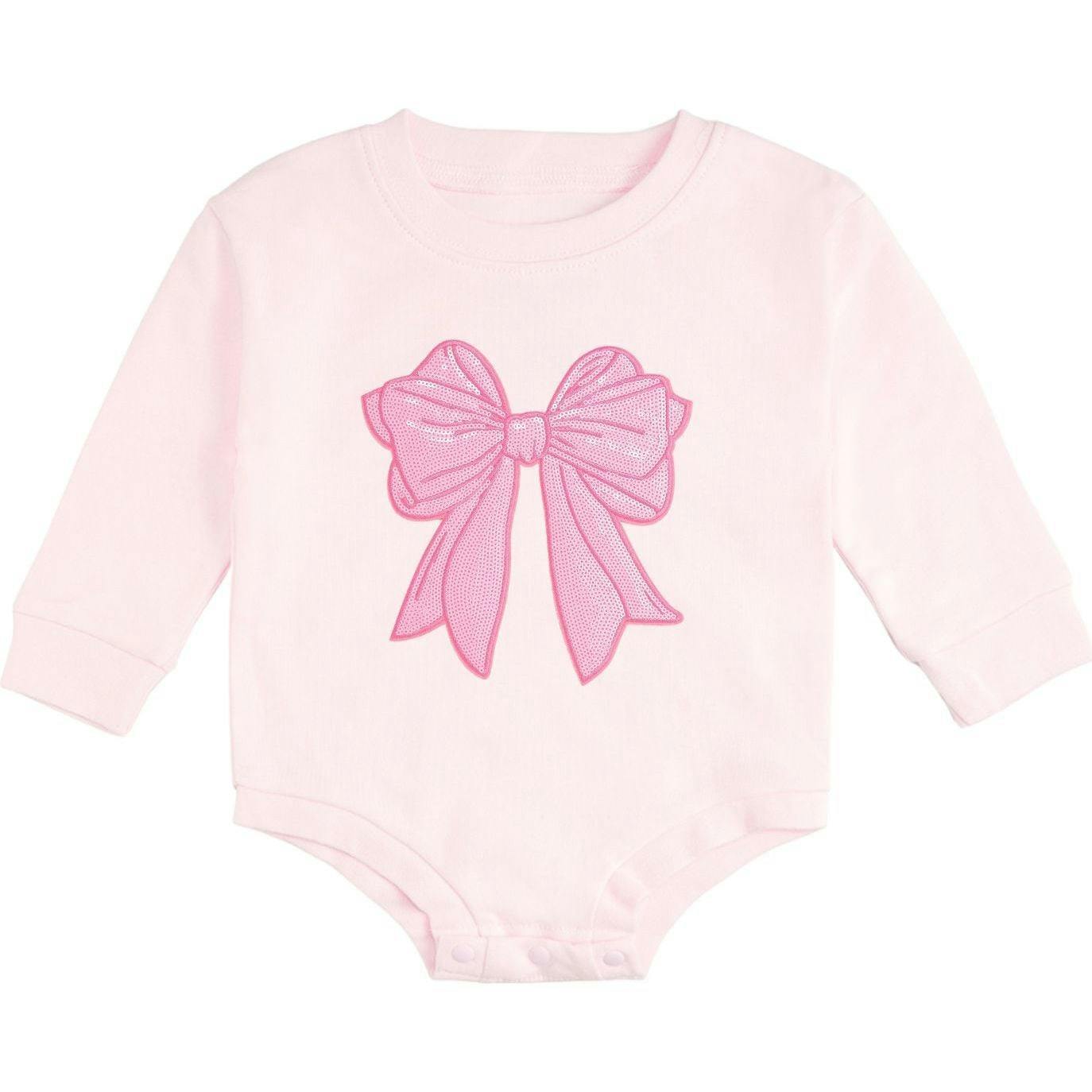 Pink Bow Sequin Patch Long Sleeve Romper