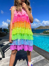 Neon Sequin Ruffle Dress With Tie Shoulders