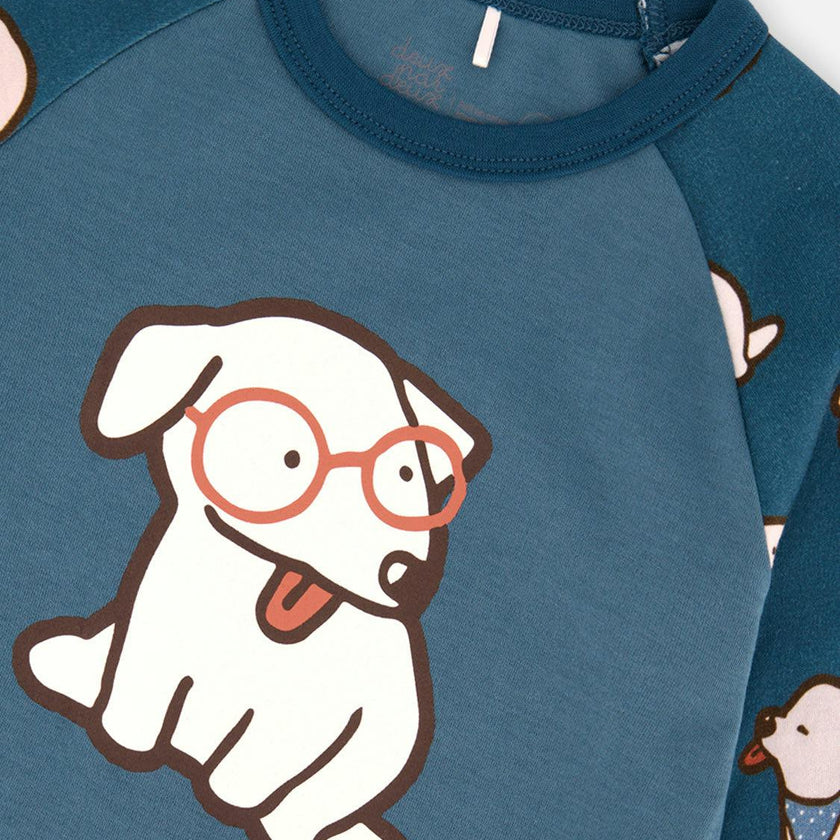 Organic Cotton Two Piece Pajama Set Turquoise Dog Print