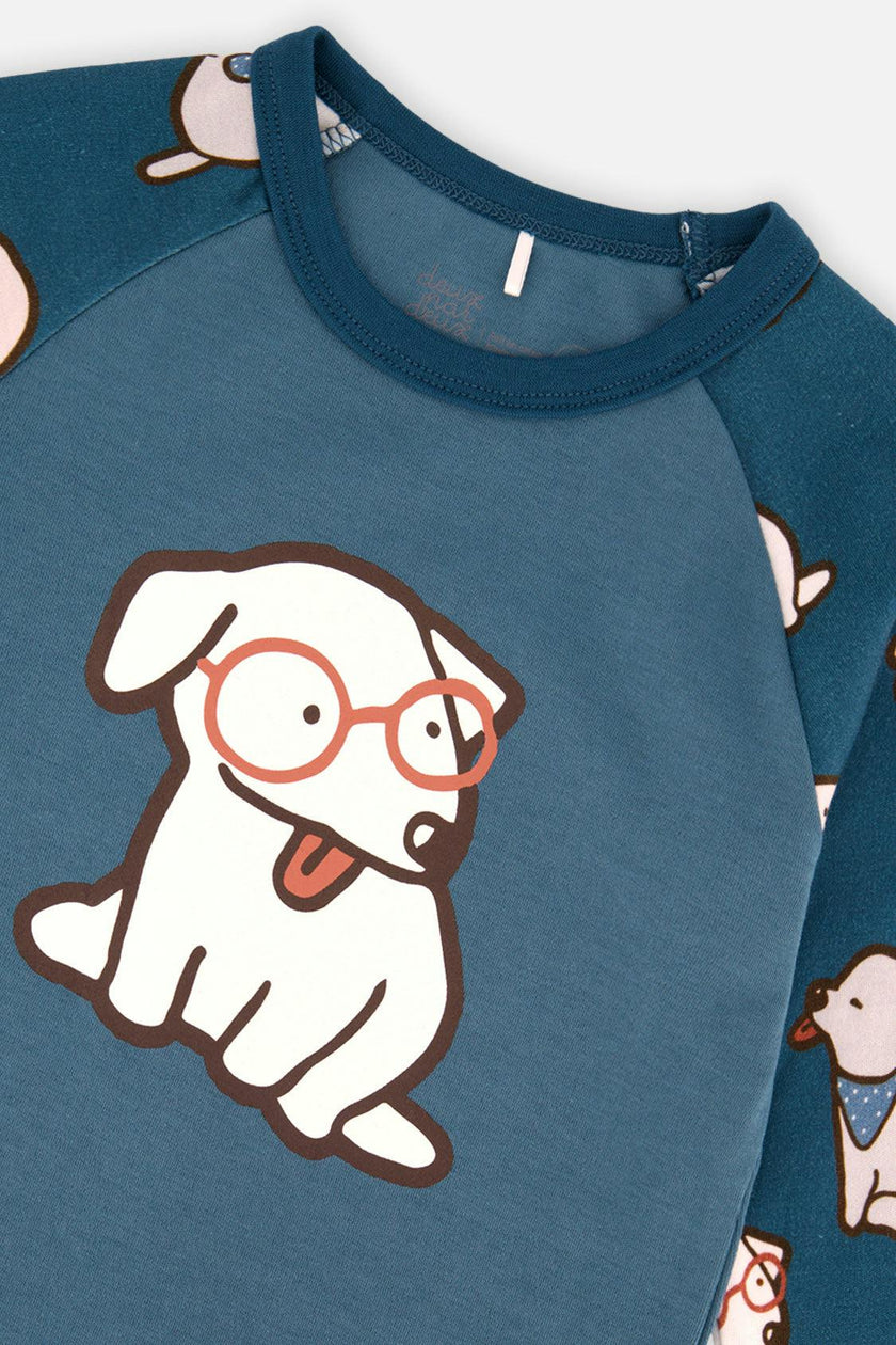 Organic Cotton Two Piece Pajama Set Turquoise Dog Print