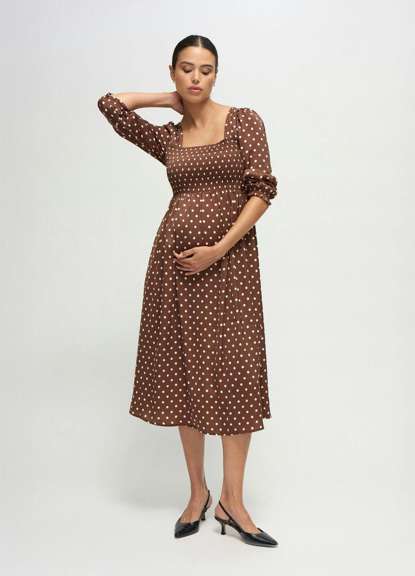 Smocked Sateen Maternity and Nursing Midi Dress