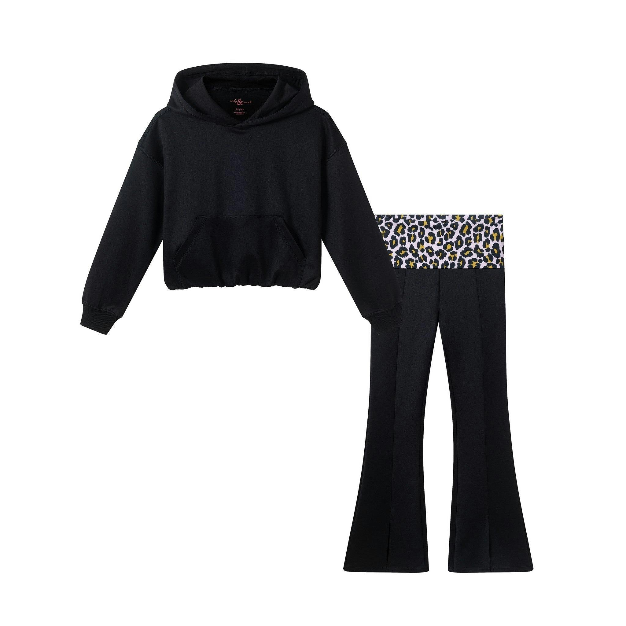 Tween Ponte Hoodie & Flare Pants Set | Black Leopard