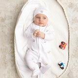 Vehicle Embroidered Cotton Romper w/Hat White