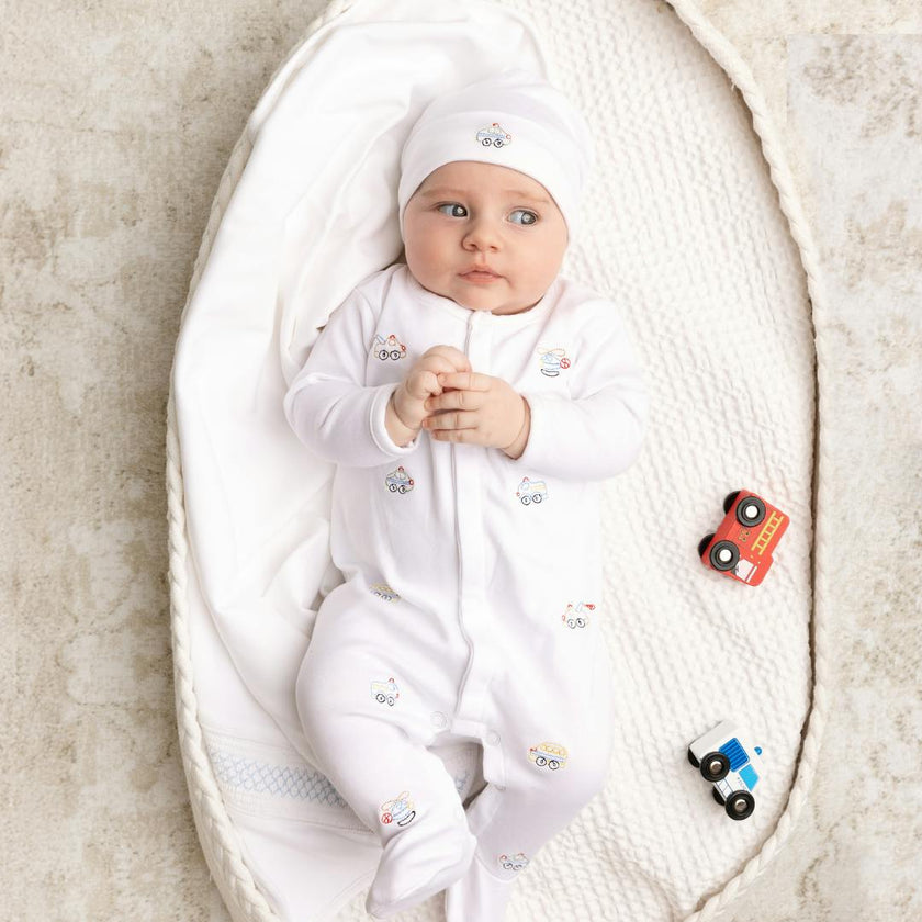 Vehicle Embroidered Cotton Romper w/Hat White