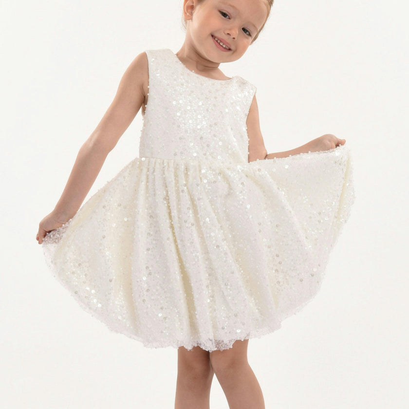 Pearl White Ainsley Sequin Bow Dress