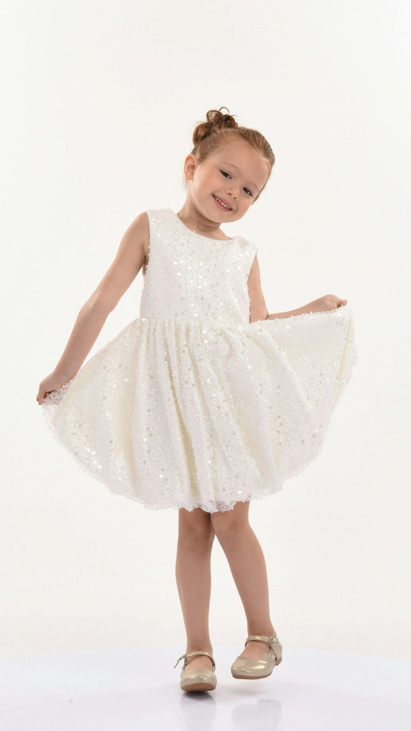 Pearl White Ainsley Sequin Bow Dress