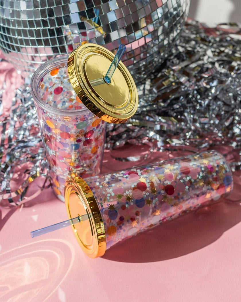 Packed Party Celebrate Every Day Confetti Reusable Tumbler - 24 oz Double Wall Plastic Tumbler with Floating Confetti, Gold Lid, and Reusable Straw, BPA-Free