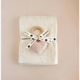 Pique Blanket and Blush Heart Rattle Set - Cream