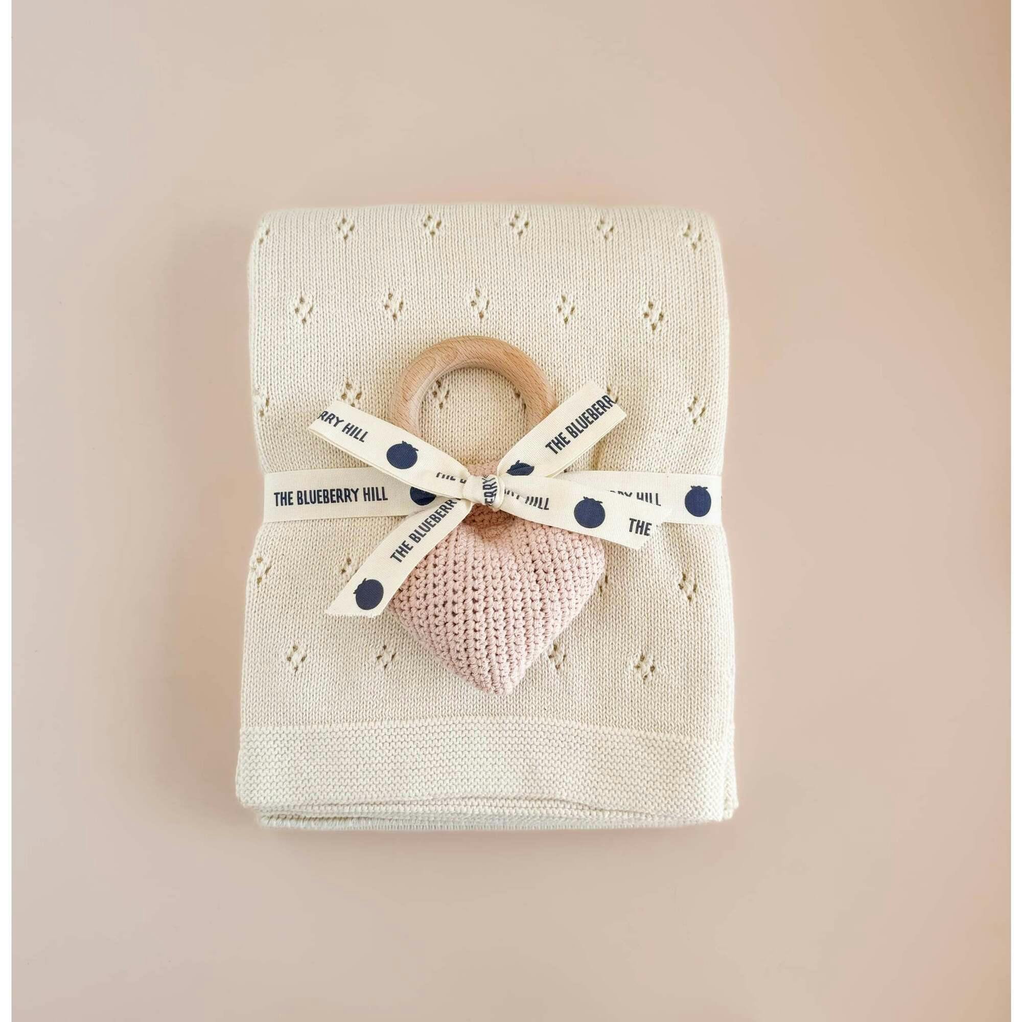 Cream Pique Blanket and Blush Heart Rattle, Set