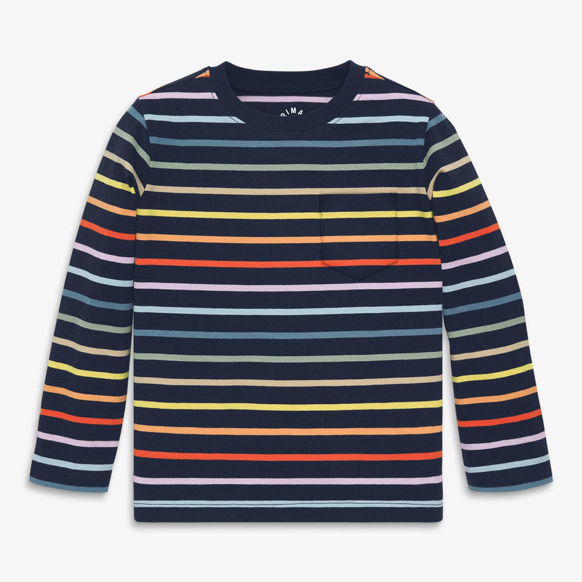 Kids long sleeve pocket tee in rainbow stripe