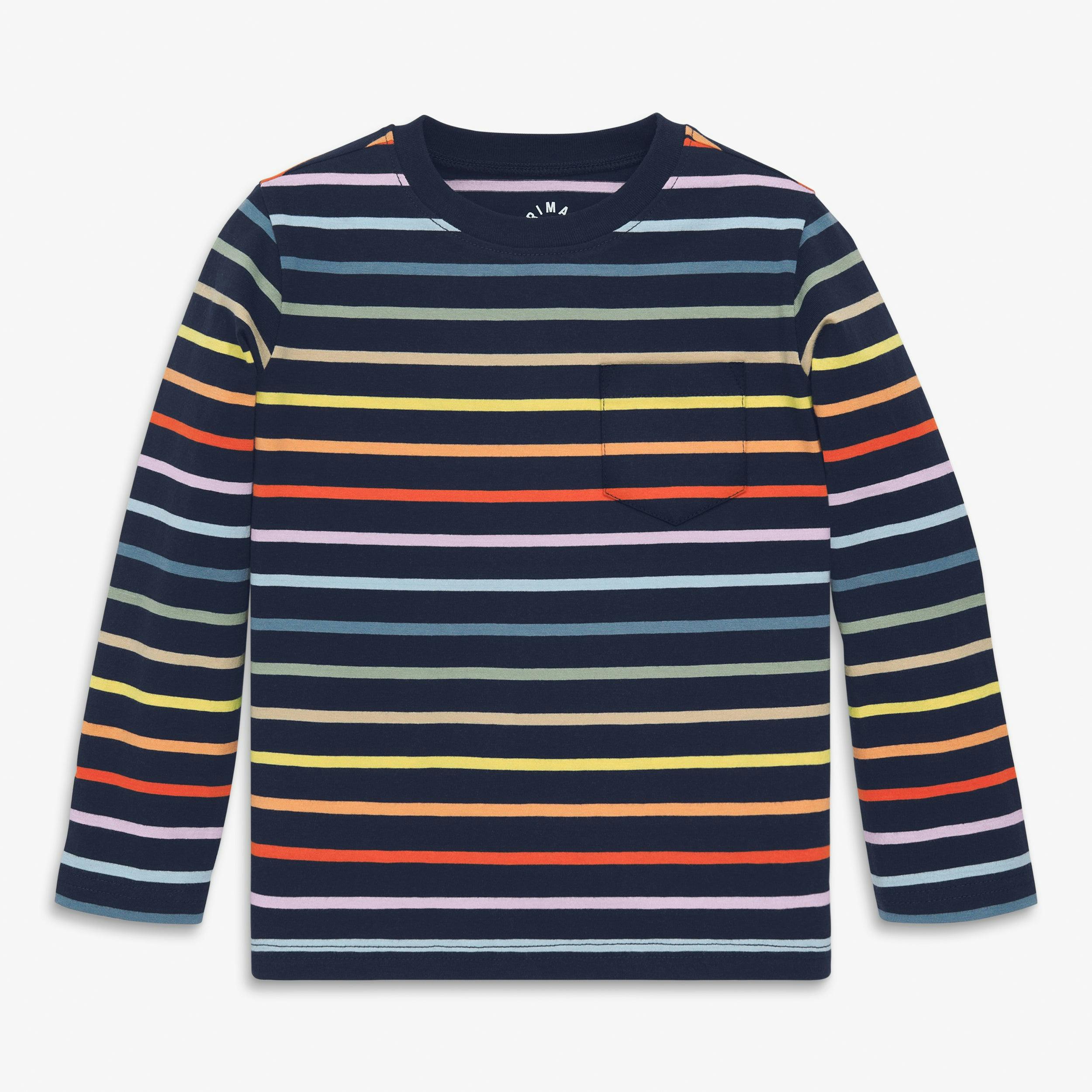 Kids long sleeve pocket tee in rainbow stripe