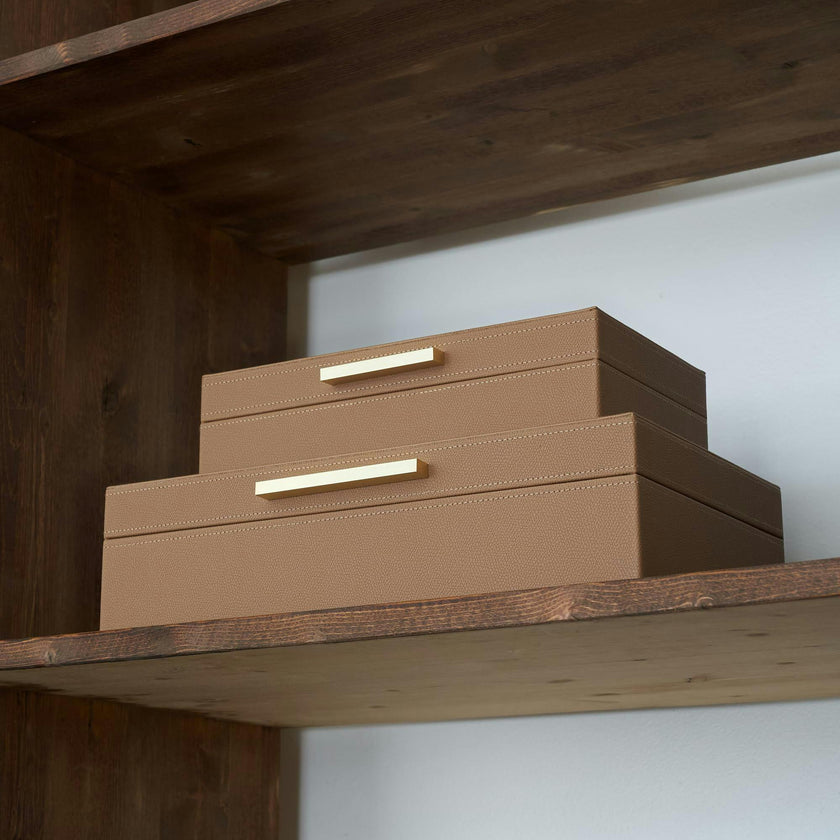 Decorative Storage Boxes with Lids - Set of 2 PU Leather Organizer Bins for Bookshelf Decor - Store Photos, Documents and Memory Box Keepsakes in Style