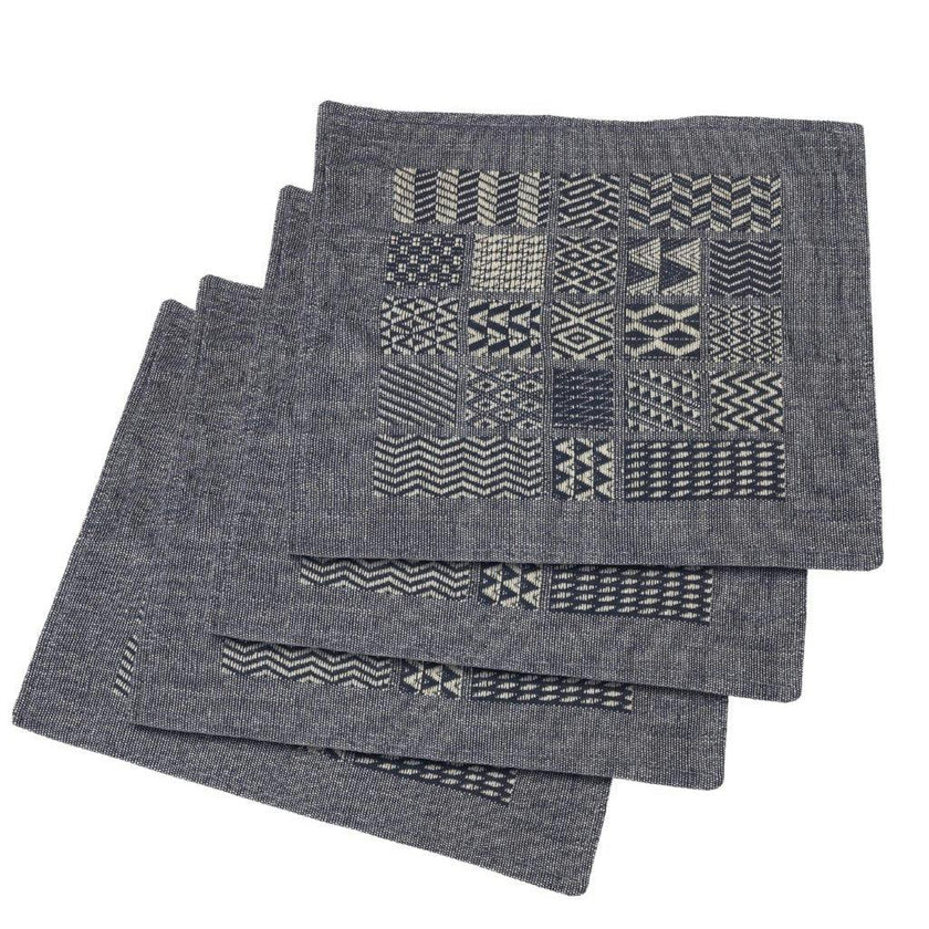 Artisan Hand Loomed Placemat - Indigo Blocks - 14" x 19"- Set of 4