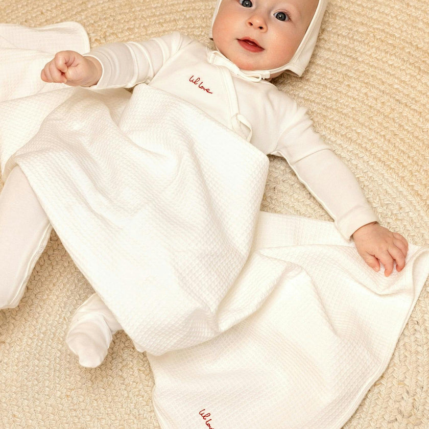 Lil Love Embroidered Wrap Footie And Bonnet, Red Embroidery