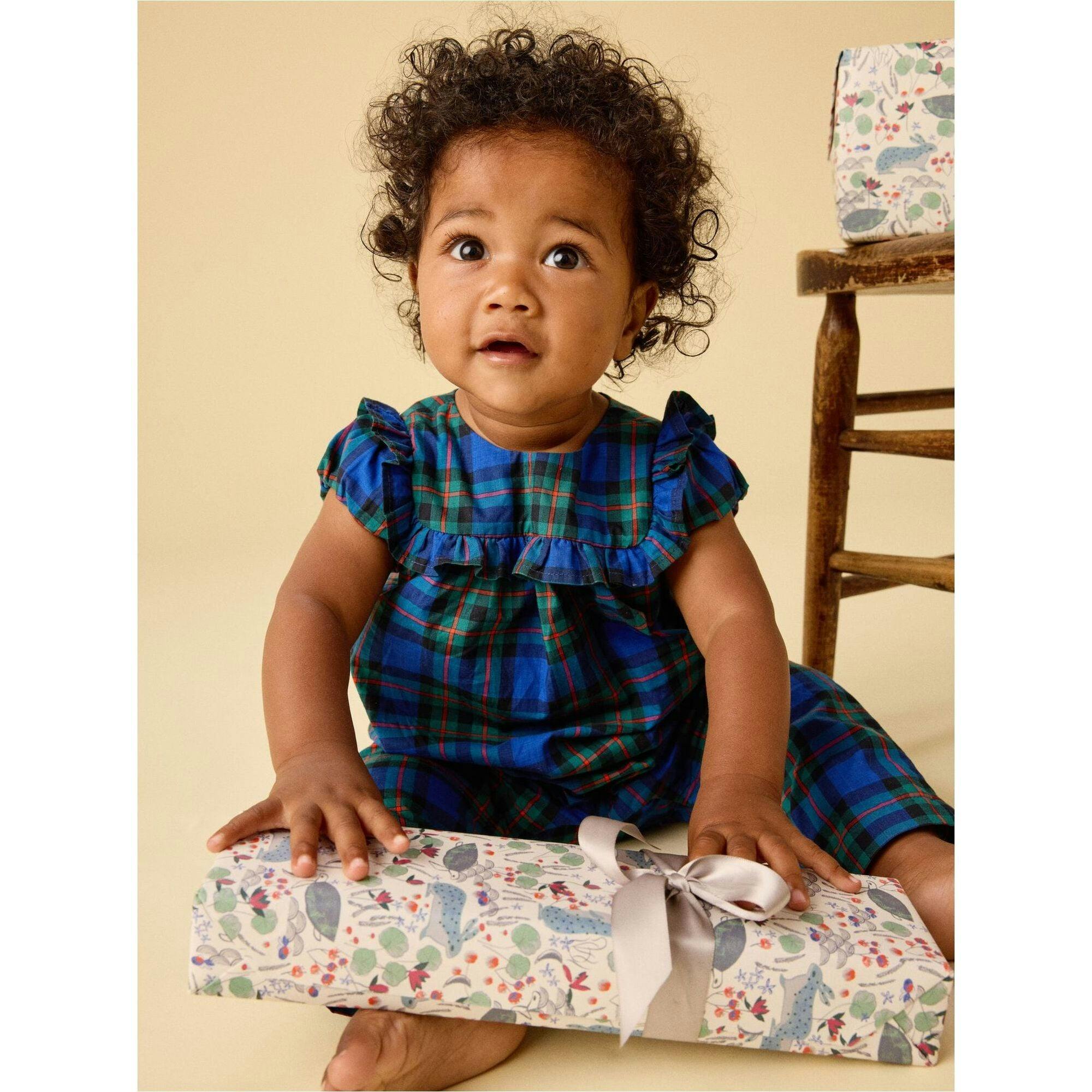 Plaid Ruffle Baby Romper, Blue