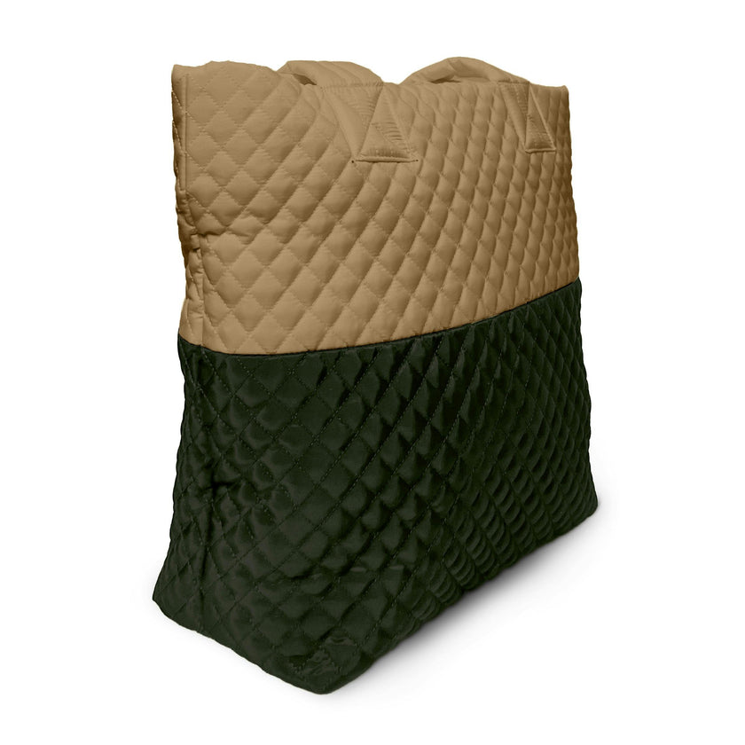 Newport Two-Tone Quilted Tote Bag with Zipper Closure - Dark/Light Khaki