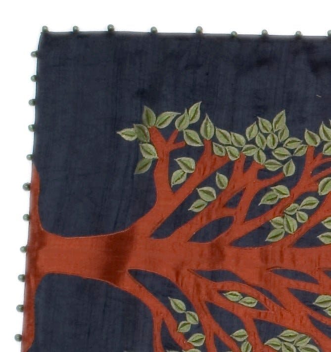 Handmade Navy Silk Table Runner Tree of Life Embroidery and Hand Beading - 18"x72"