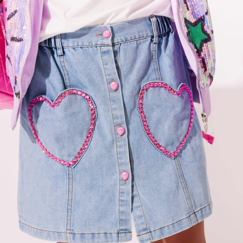 Pink Gem Hearts Denim Skirt