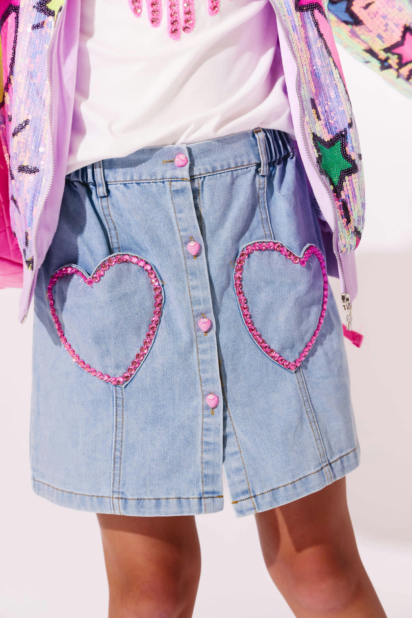 Pink Gem Hearts Denim Skirt