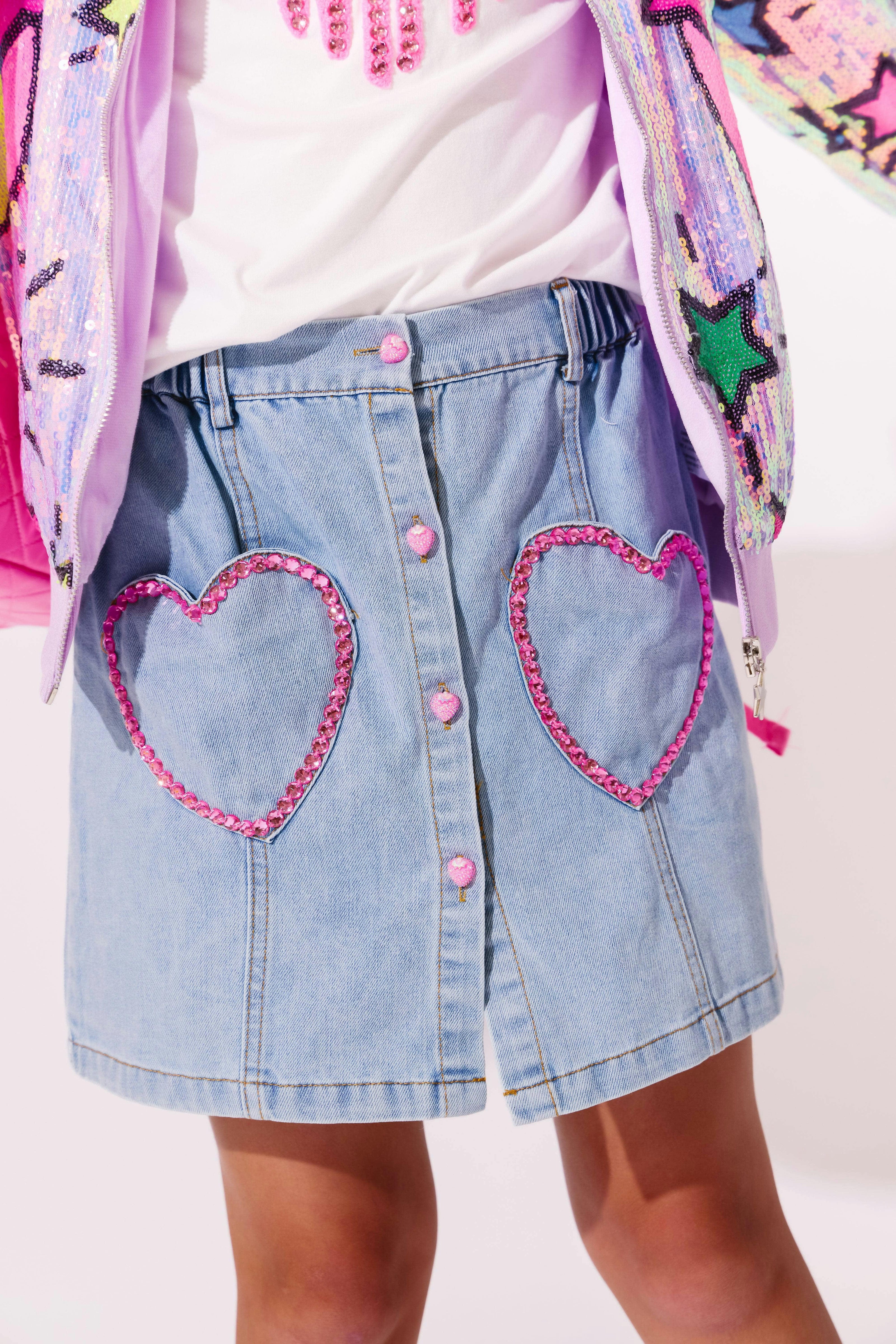 Pink Gem Hearts Denim Skirt