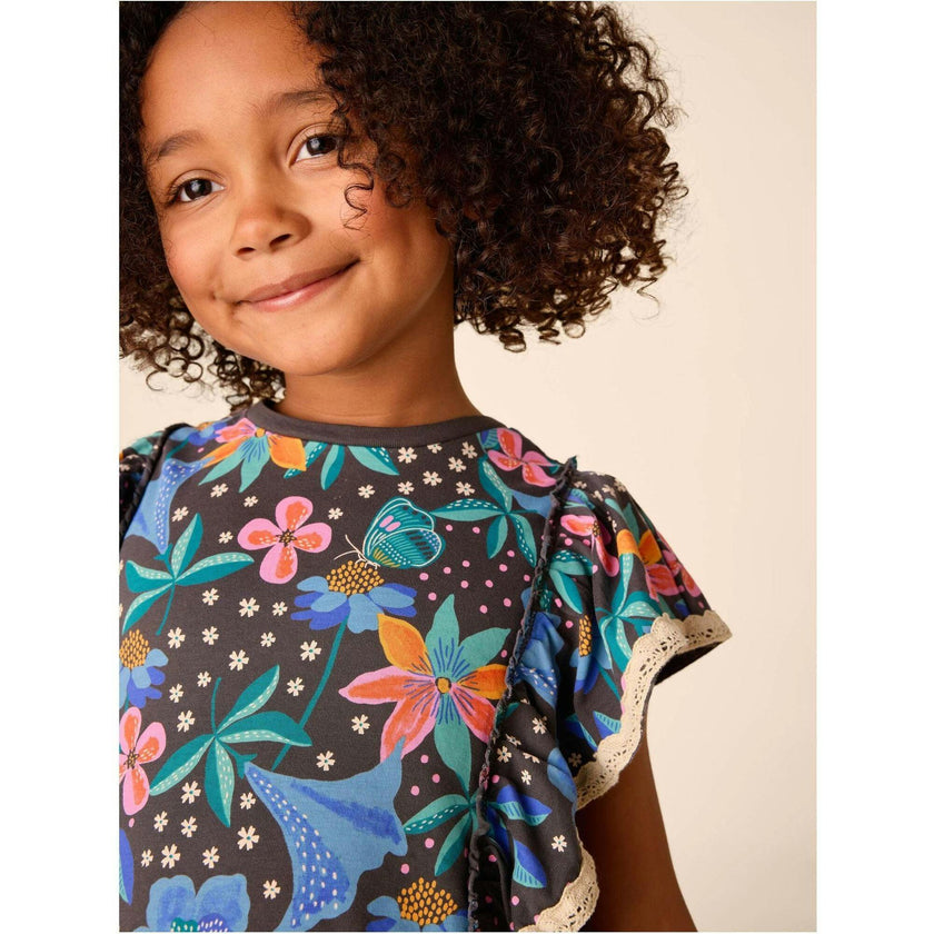 Crochet Trim Ruffle Dress, Black