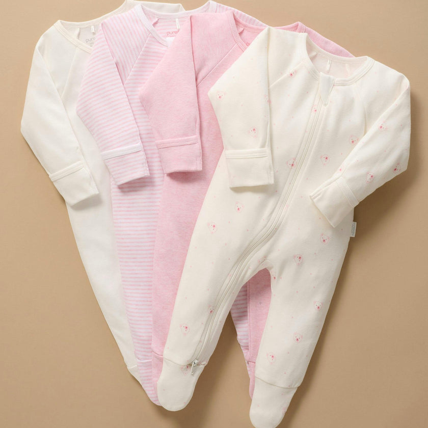 4 Pack Zip Growsuit Pale Pink Bear Pack