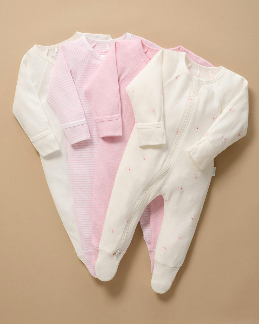 4 Pack Zip Growsuit Pale Pink Bear Pack