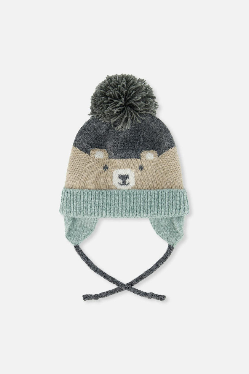 Baby Winter Knit Hat With Teddy Bear Face And Ears Beige And Turquoise