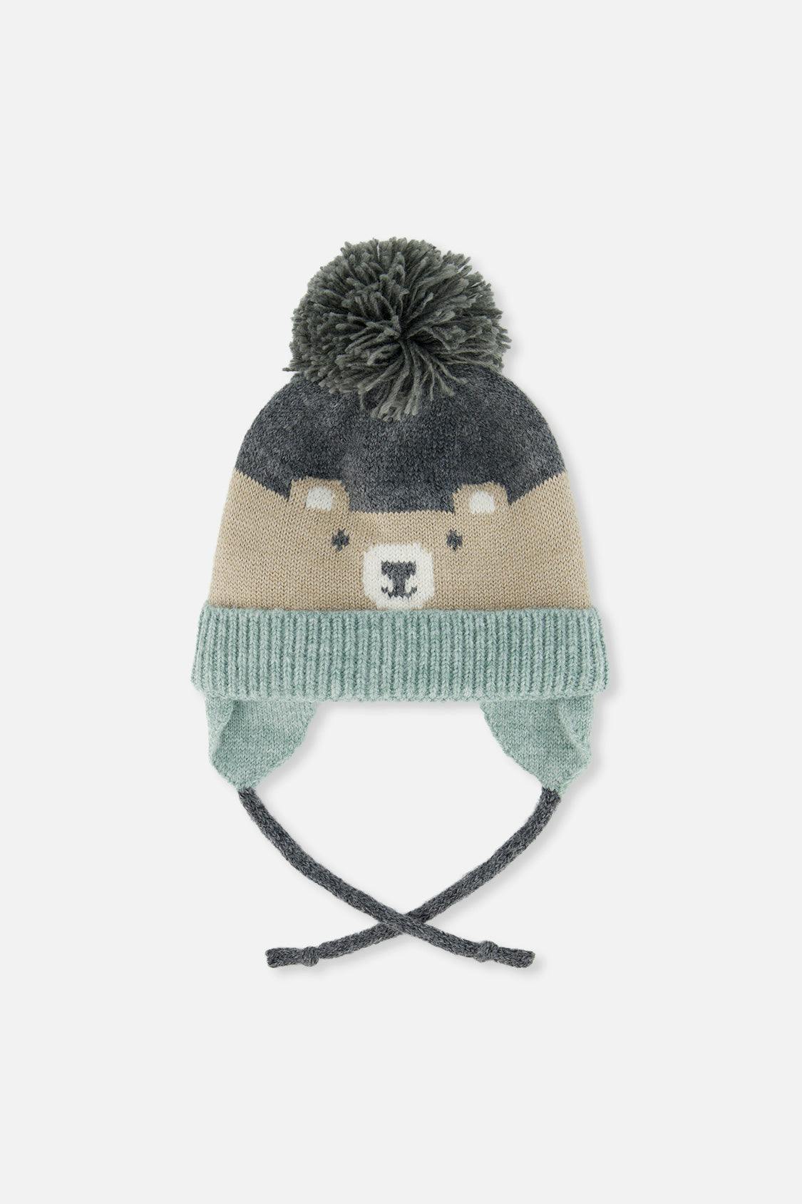 Winter Knit Hat With Teddy Bear Face And Ears Beige And Turquoise